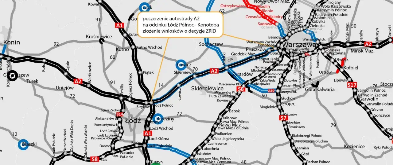 Mapa drogowa Polski z zaznaczoną autostradą A2 między Łodzią a Warszawą.