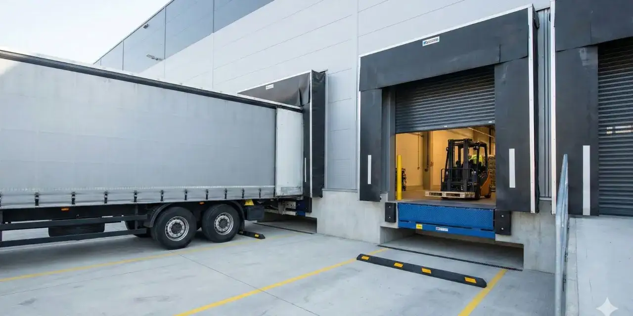 LKW an Laderampe, Gabelstapler bereit f&uuml;r die Warenannahme. Effizientes Yard Management Deutsch.