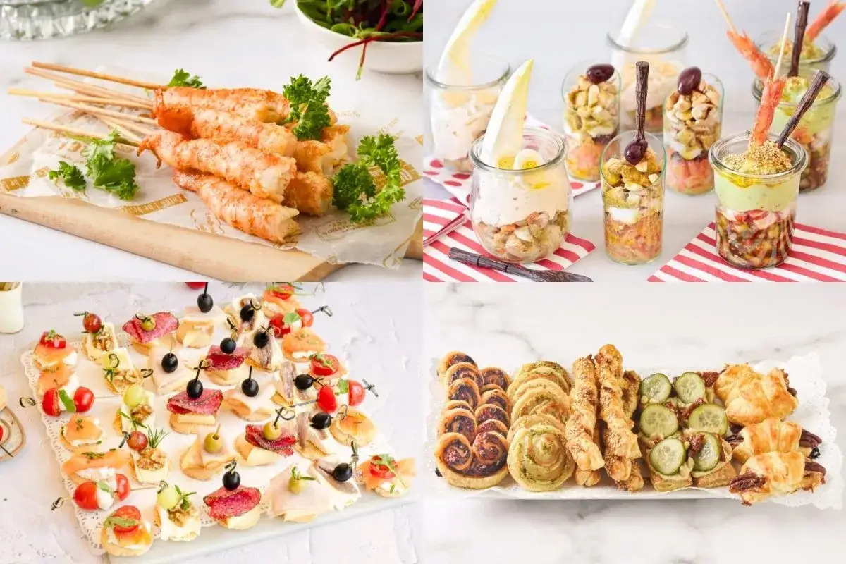 Picoteo fácil y rápido: brochetas de gambas, tapas variadas, vasitos de ensalada y hojaldres salados.