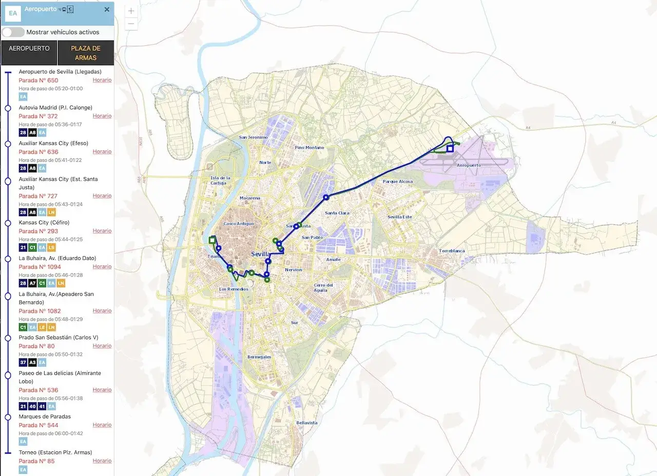 Mapa muestra cómo ir del aeropuerto de Sevilla al centro, con ruta de autobús EA marcada.