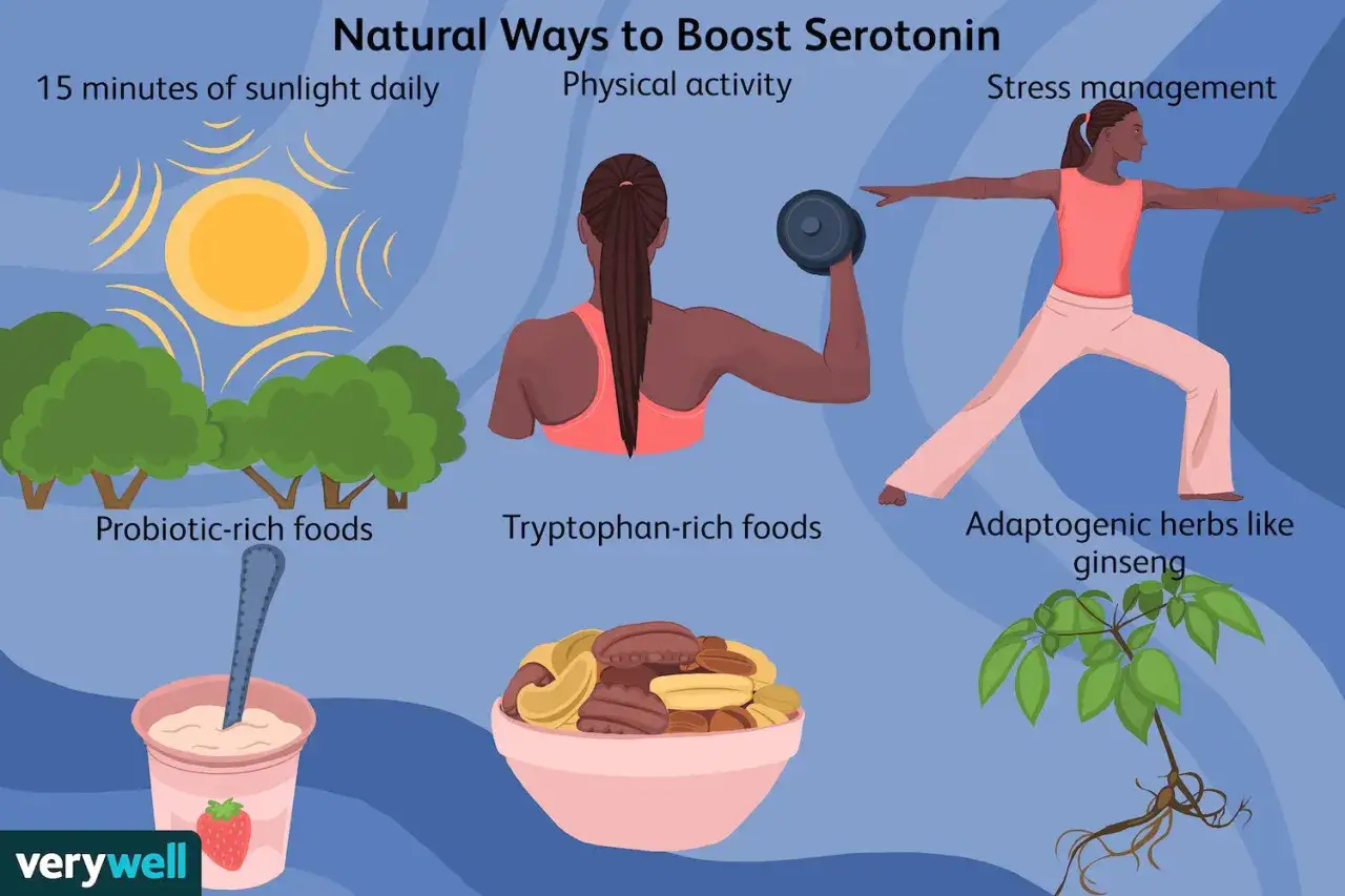 Scopri come aumentare la serotonina naturalmente: sole, attività fisica, cibi ricchi di triptofano, probiotici, gestione dello stress e ginseng.