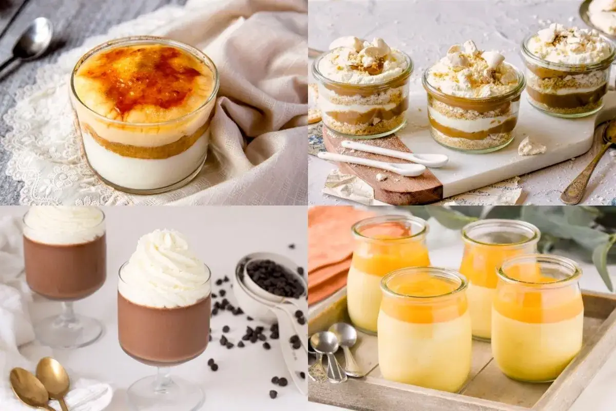Deliciosos postres para cumpleaños de adultos: crème brûlée, trifle de caramelo, mousse de chocolate y panna cotta de mango.