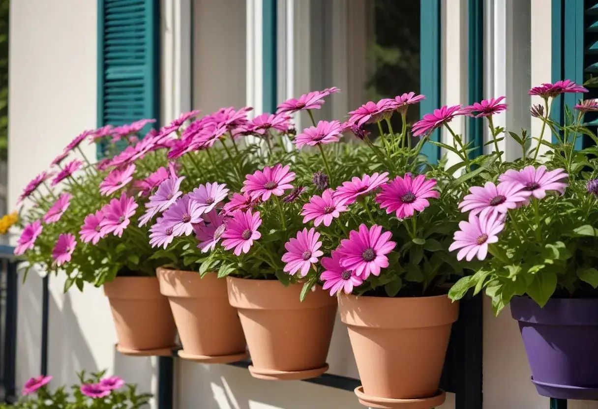 Färgglad verbena i kruka blommar vackert vid fönstret.
