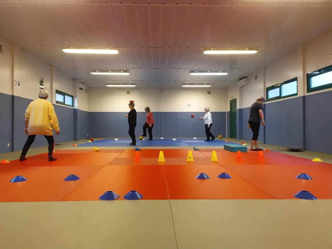 Des seniors s'entra&icirc;nent sur un parcours d'&eacute;quilibre avec des c&ocirc;nes et des ballons dans un gymnase.