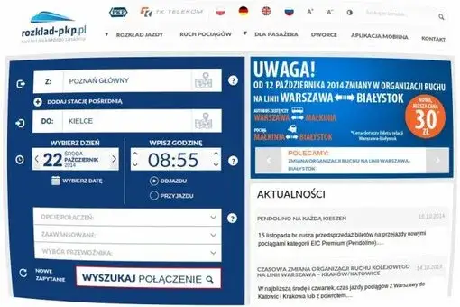 Interfejs wyszukiwarki połączeń PKP Intercity