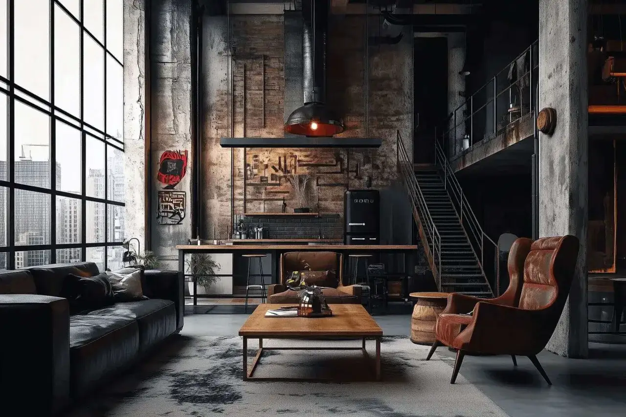 Ein Wohnbereich im **industrial chic** Stil mit Ledersofa, Holztisch und einer offenen K&uuml;che mit Metallakzenten.