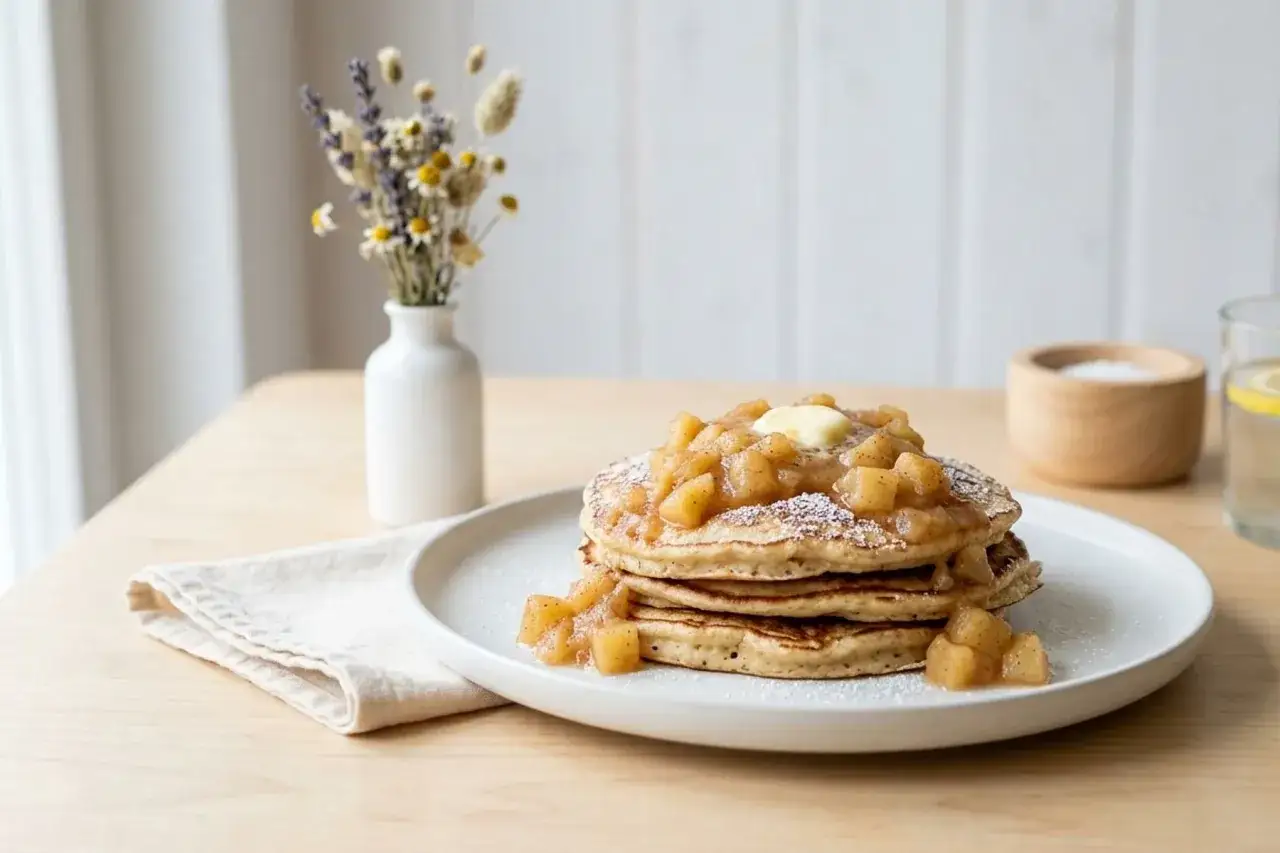 Ein Stapel goldbrauner Pfannkuchen mit einem Klacks Butter und köstlichem Apfelmus obendrauf. Ein perfekter Start in den Tag!