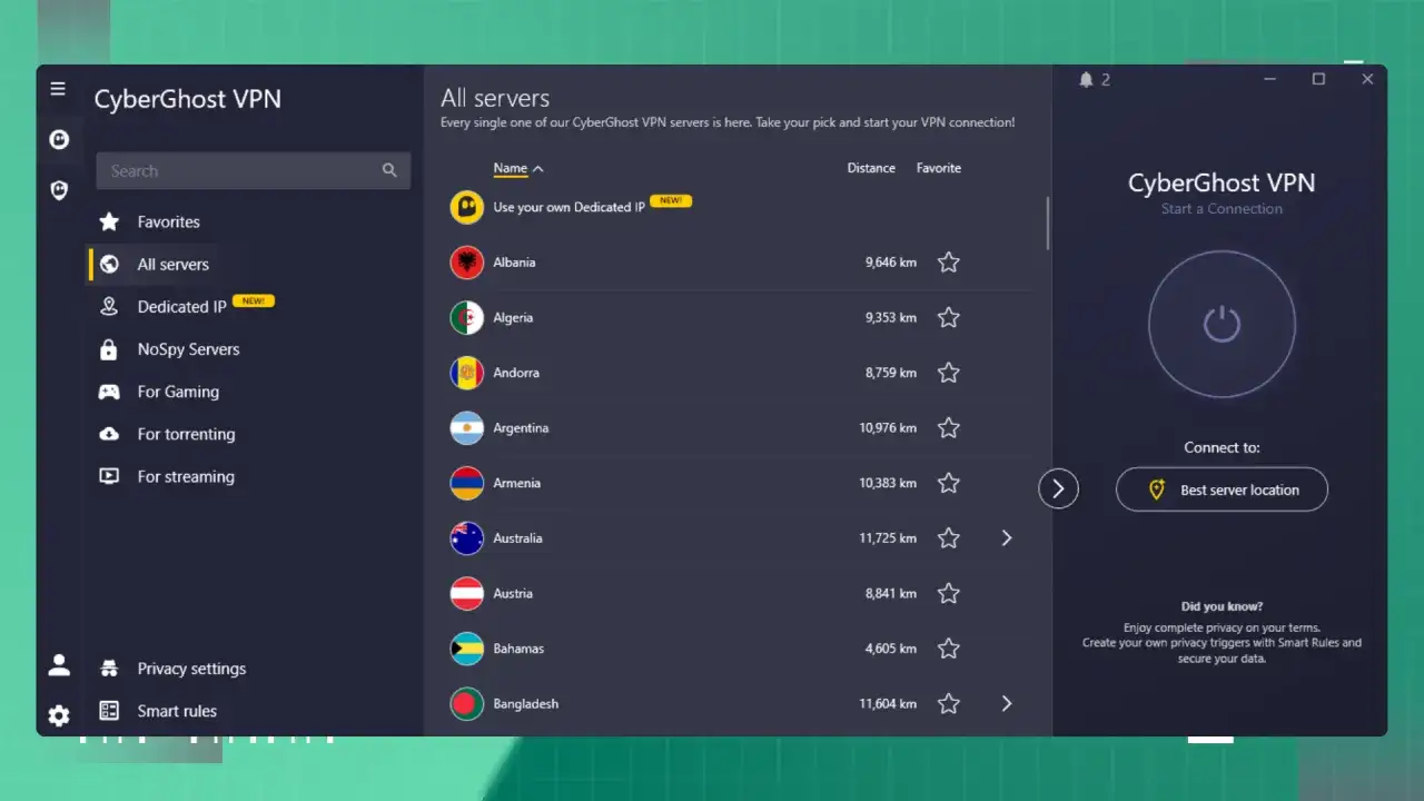 Interfejs CyberGhost VPN z listą serwerów, w tym Albania, Algieria, Andora. Możliwość wyboru lokalizacji serwera dla bezpiecznego połączenia.
