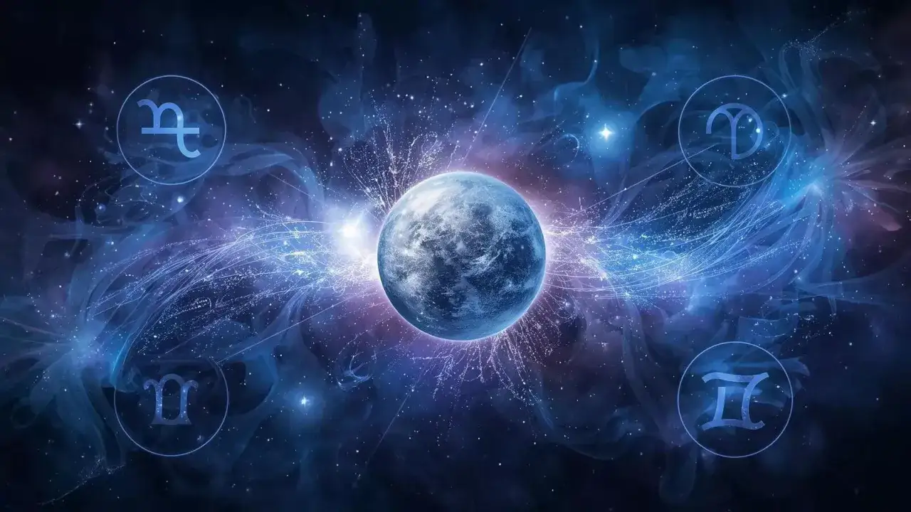 Kosmiczna wizja z planetą w centrum i symbolami zodiaku. Czy to zapowiedź retrogradacji Merkurego i jej objawów?