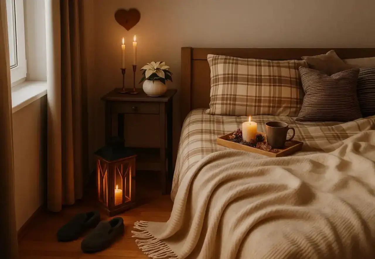 Cozy bedroom scene with a plaid comforter, a warm blanket, and a tray with a candle and mug. This image shows how to layer bedding for ultimate comfort.