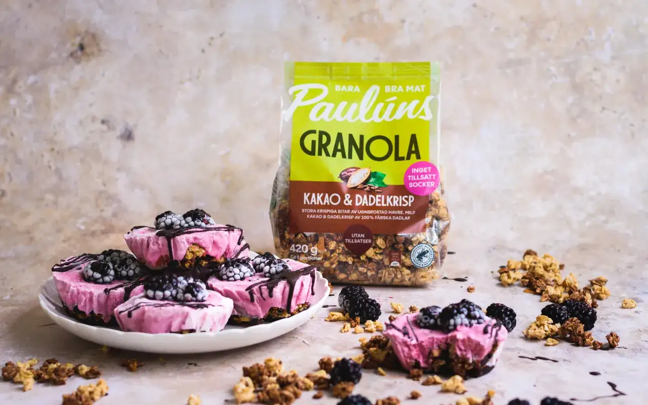 Rosa yoghurtglass med b&auml;r och chokladdrizzle, bredvid en p&aring;se Paul&uacute;ns granola. Perfekt f&ouml;r barn som &auml;lskar yoghurtglass.