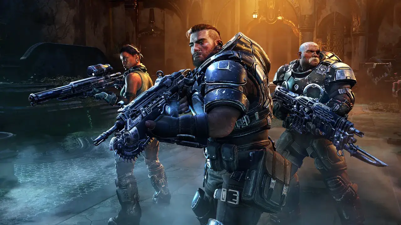 Trzech żołnierzy w pancerzach, gotowych do walki. Ich broń i pozycja sugerują skomplikowane **gears tactics** w mrocznym, postapokaliptycznym świecie.