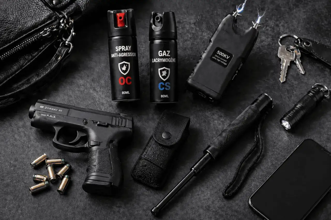 Pistolet, bombes lacrymogènes, taser et matraque télescopique, un arsenal pour la défense personnelle.