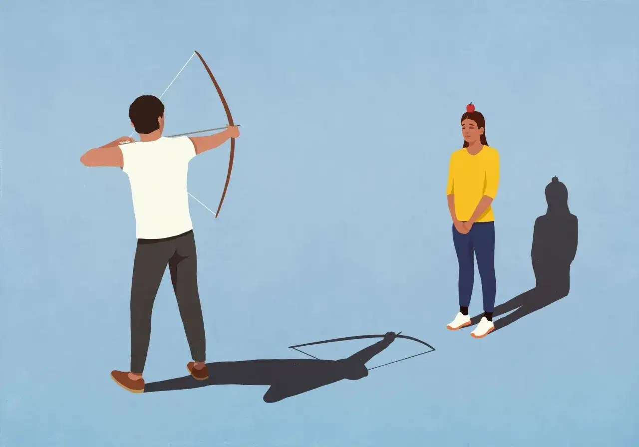 Un homme, tel un mari narcissique, vise une femme avec un arc. Son ombre, elle, semble le défier.