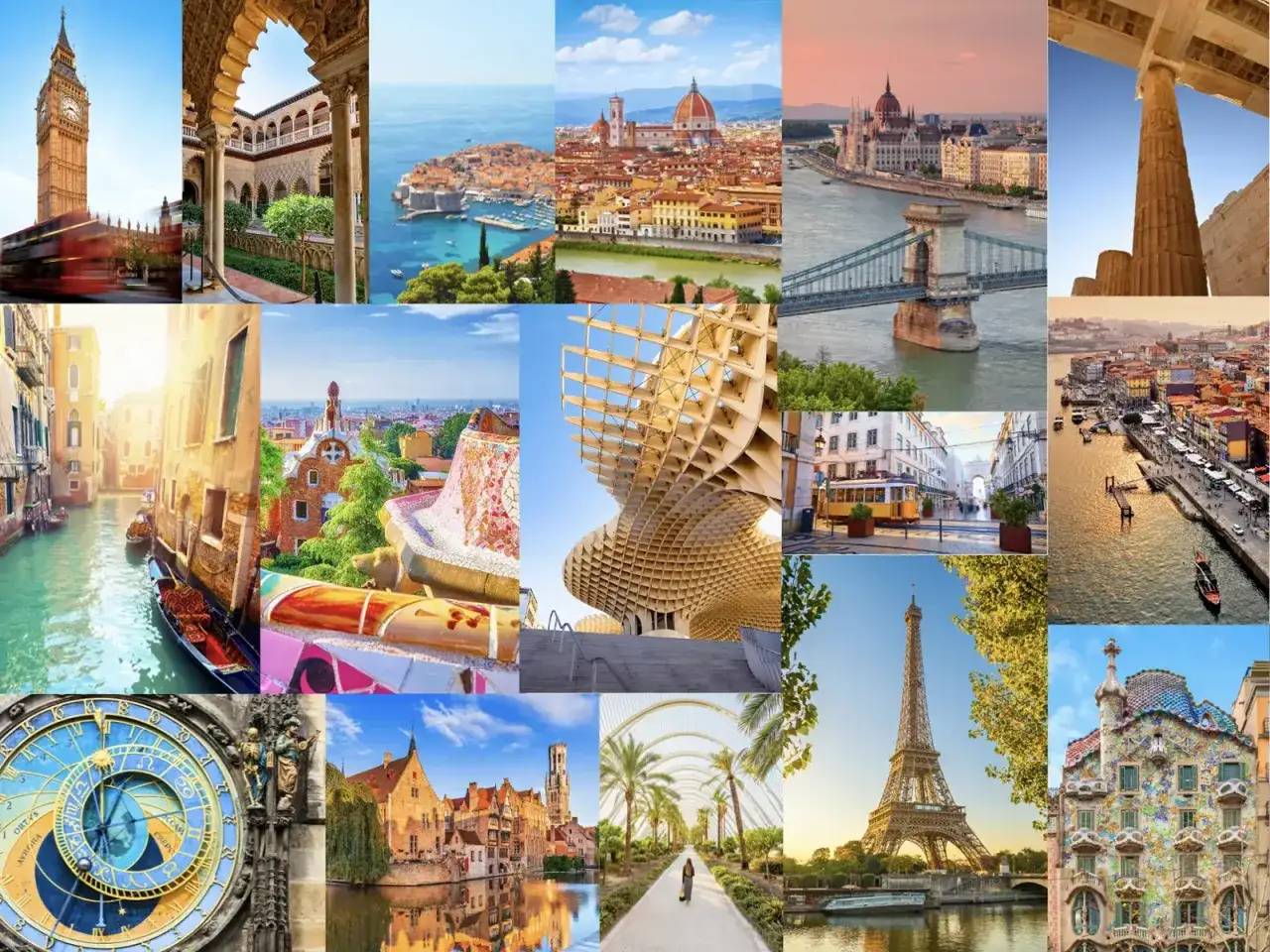 Collage di città europee da visitare: Londra, Venezia, Firenze, Budapest, Barcellona, Parigi, Praga, Bruges, Lisbona e Porto.