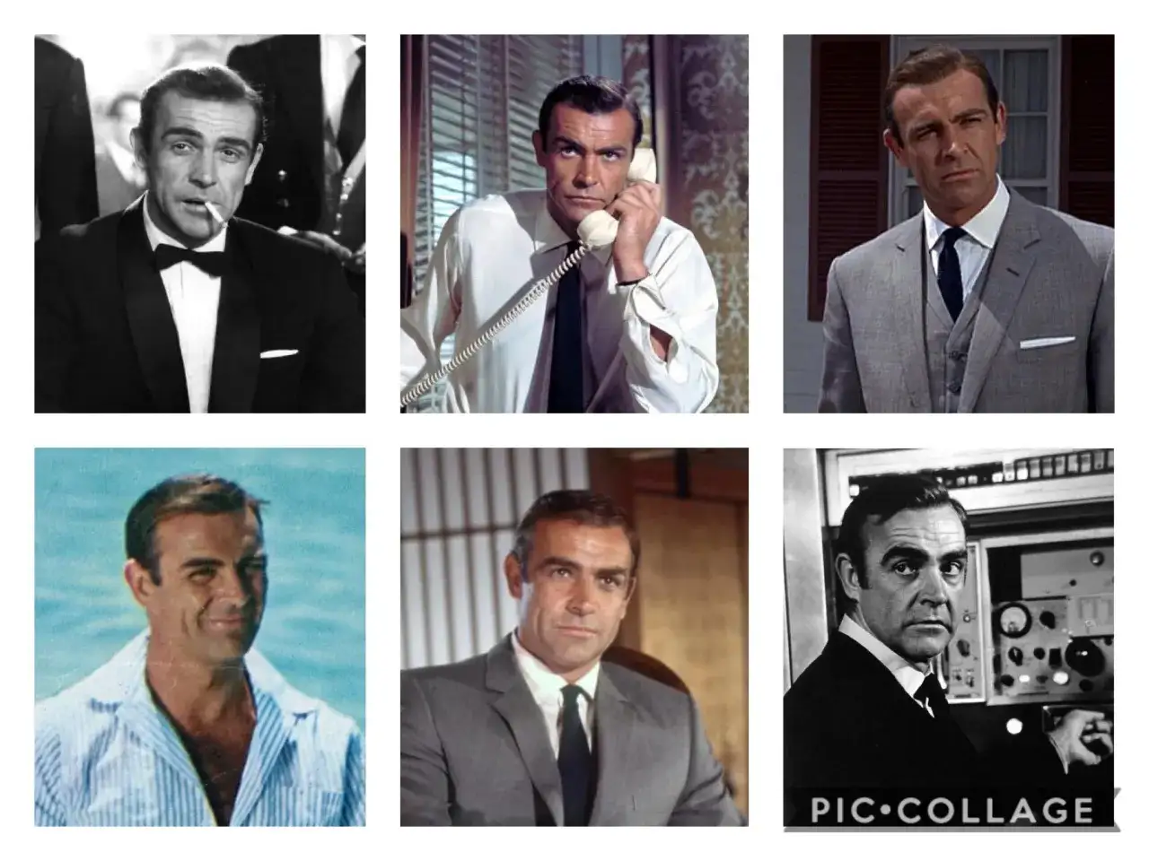 Sean Connery w różnych stylizacjach, jako ikoniczny James Bond.