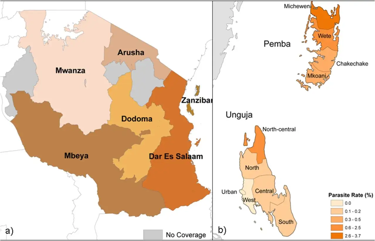 Mapa Tanzanii i Zanzibaru z podziałem na regiony, pokazująca wskaźnik pasożytów. Dane mogą pomóc w planowaniu zanzibar szczepienia.