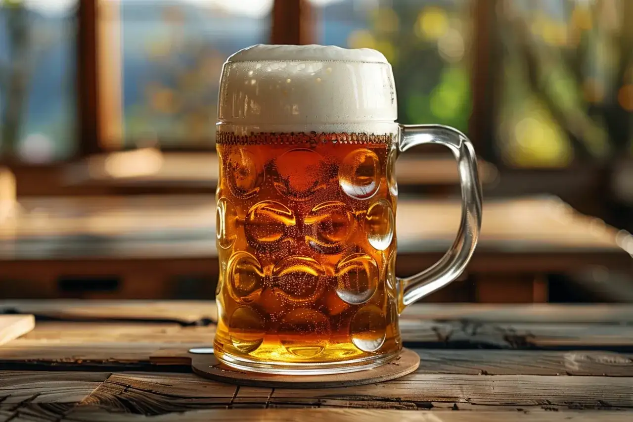 Une chope de bière allemande, dorée et mousseuse, sur une table en bois. L'ambiance évoque une brasserie typique.
