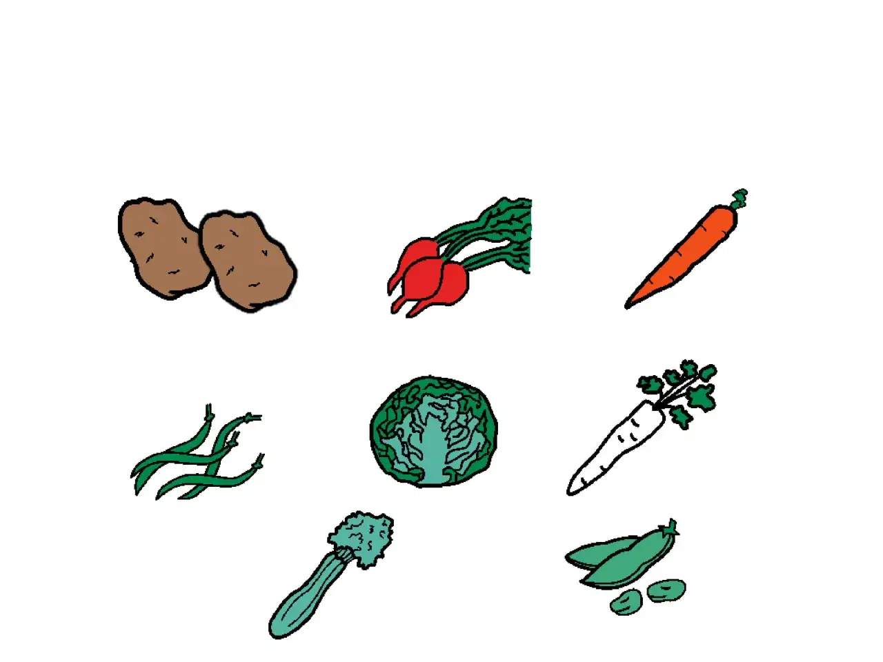 Na straganie karty pracy: ziemniaki, rzodkiewki, marchewka, fasolka, kapusta, biała marchewka, groszek.