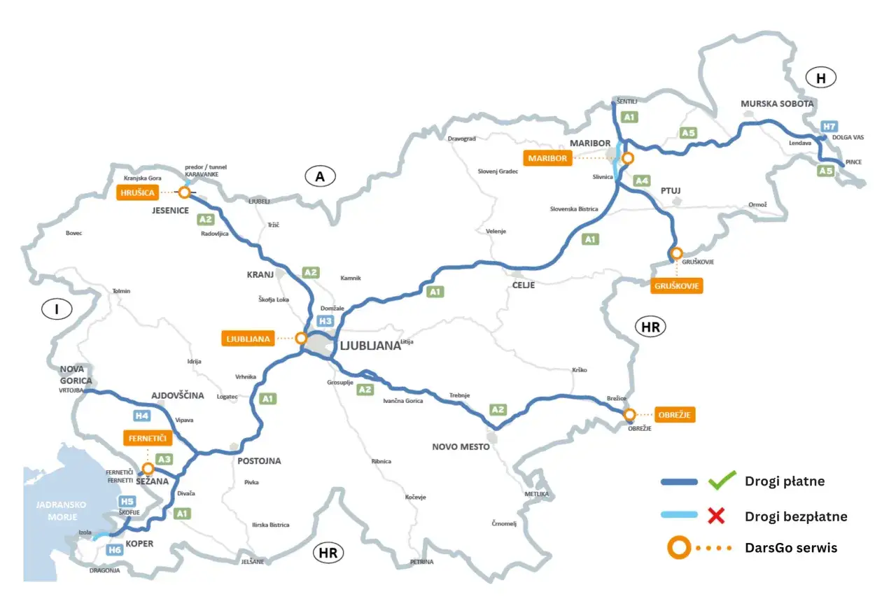 Mapa Słowenii z zaznaczonymi drogami płatnymi i bezpłatnymi. Winieta słowenia jest niezbędna do podróżowania autostradami.