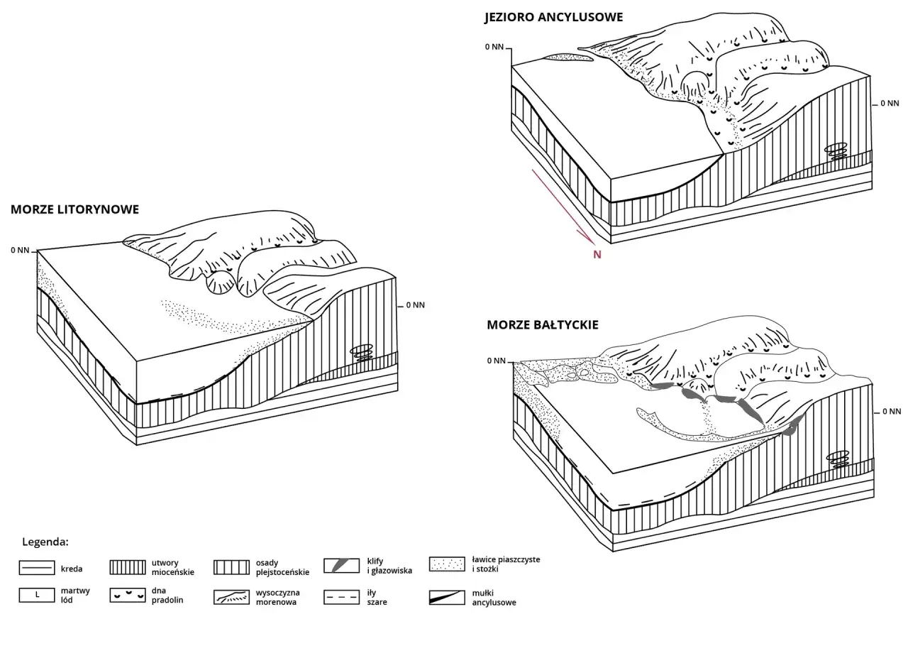 Ilustracje pokazują, jak powstaje mierzeja w różnych epokach geologicznych: od morza Litorynowego, przez jezioro ancyclusowe, po morze Bałtyckie.