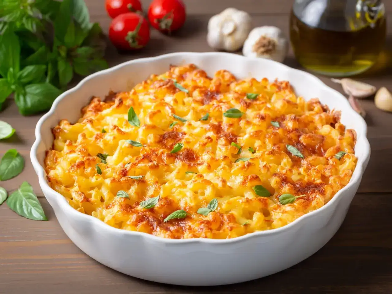 Pyszne, zapiekane mac n cheese w białej misie, ozdobione listkami bazylii. Obok pomidorki, czosnek i oliwa.