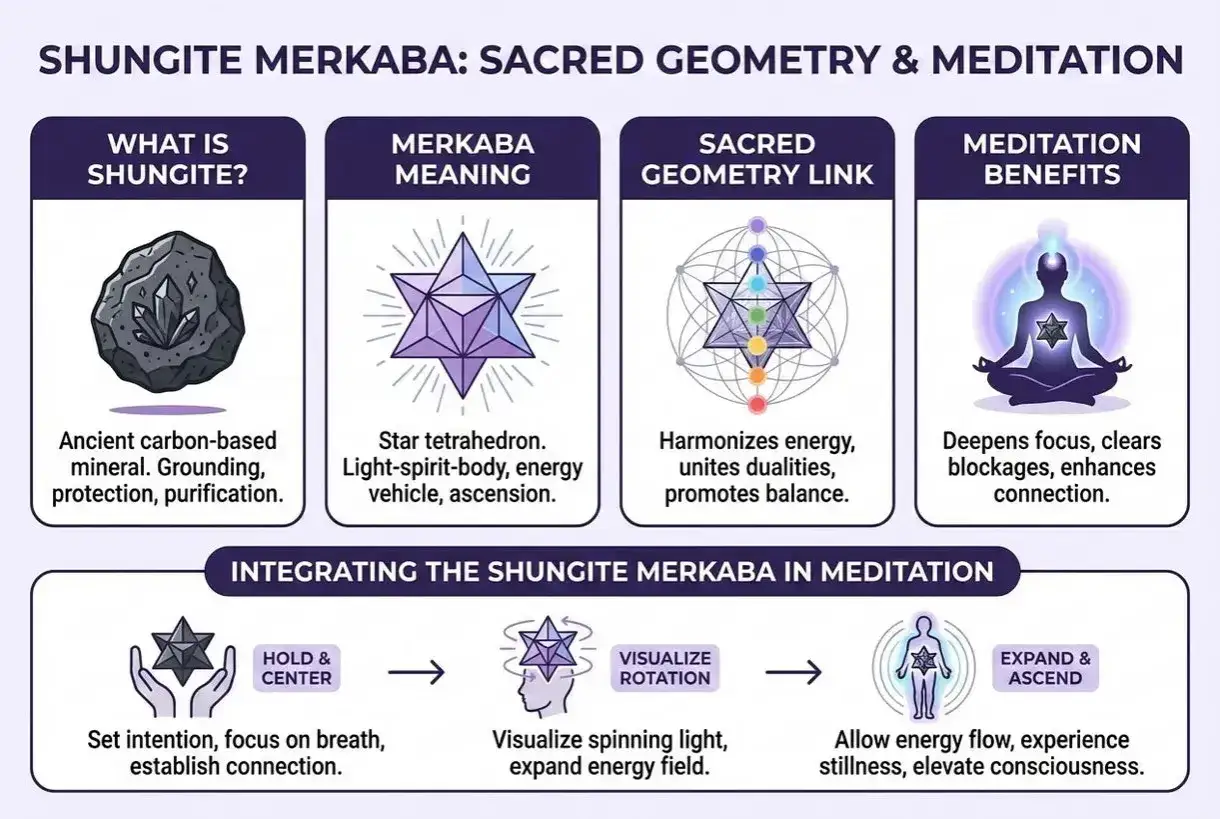 Grafik som visar shungite, merkaba-symbolen och dess koppling till meditation. L&auml;r dig hur du integrerar merkaba meditation f&ouml;r balans och klarhet.