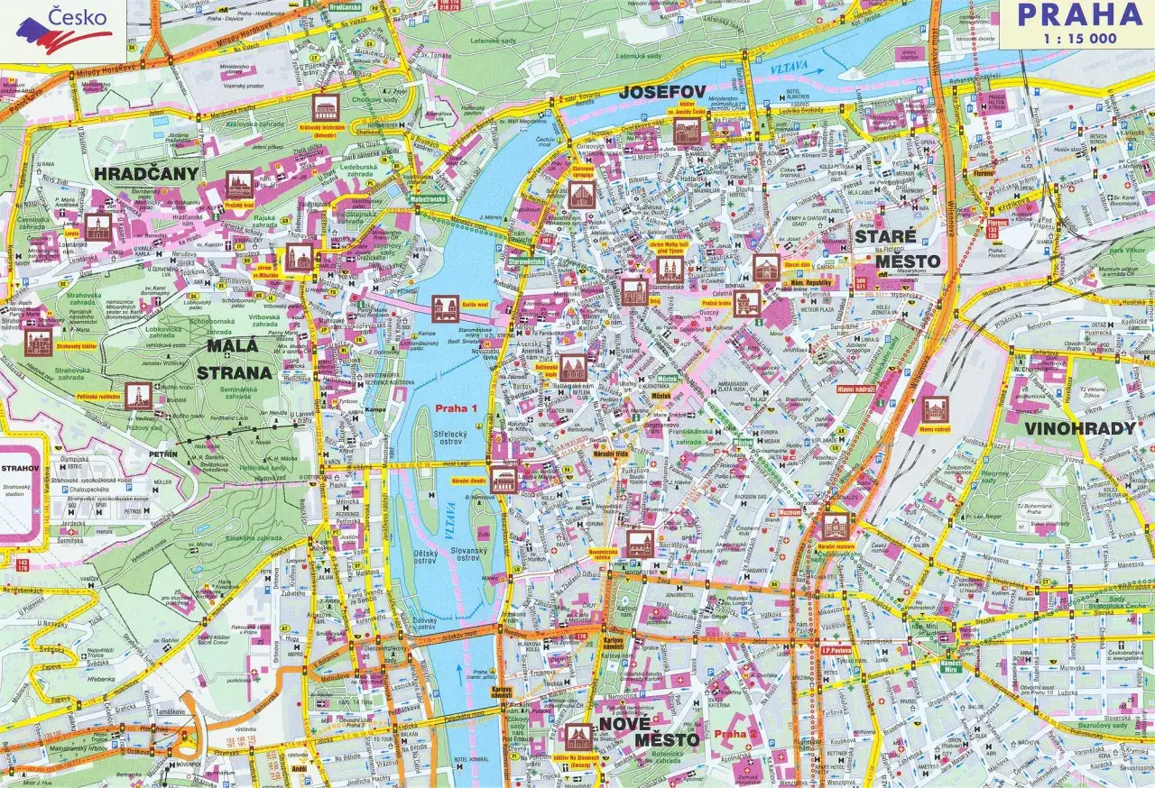 Mapa Pragi z zaznaczonymi dzielnicami i cenami noclegów