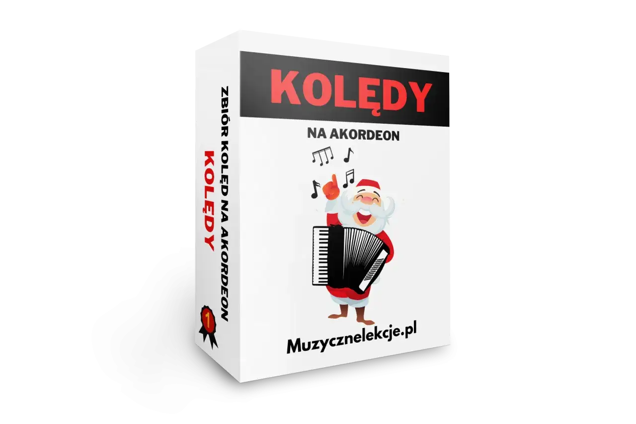 Świąteczny Mikołaj gra na akordeonie, a obok nuty. Zbiór kolęd nuty na akordeon.