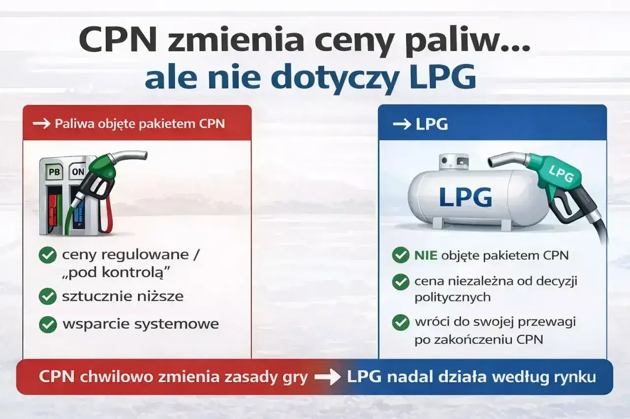 CPN zmienia ceny paliw, ale nie dotyczy LPG. Paliwa objęte pakietem CPN mają regulowane ceny, LPG działa według rynku.