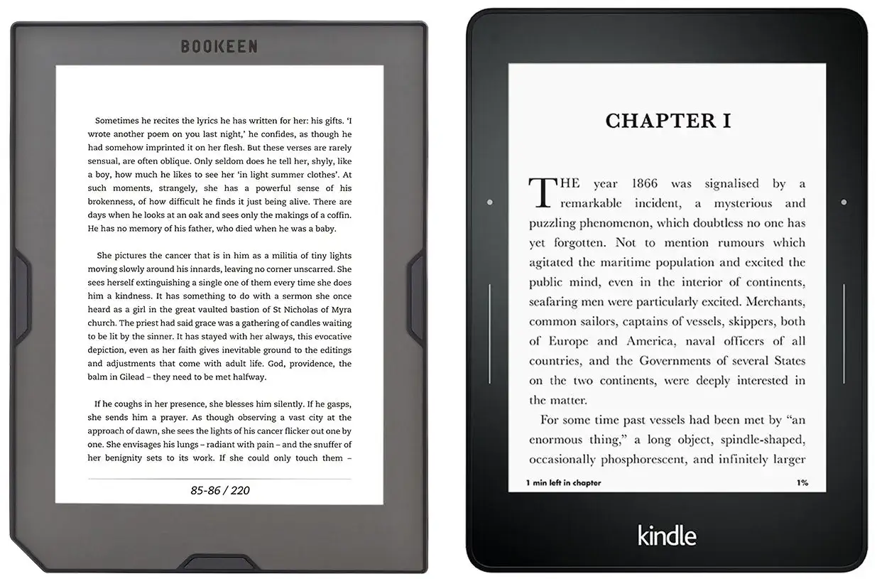 Dwa czytniki e-book&oacute;w, jeden z napisem BOOKEEN, drugi Kindle, wyświetlają tekst. Na ekranach widać fragmenty książek, idealne do czytania ksiazki na kindla.