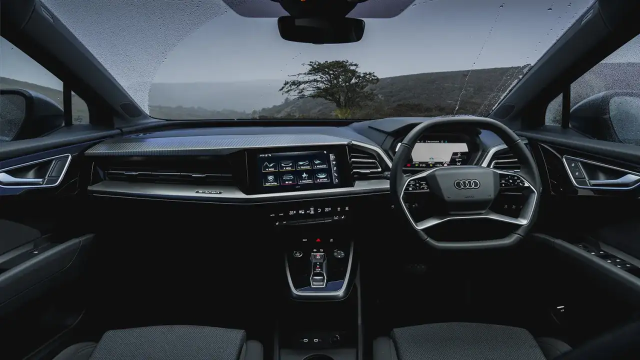 Innenraum des Audi Q4 Facelift mit digitalem Cockpit und Touchscreen. Regen auf der Windschutzscheibe.