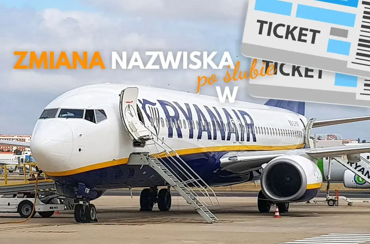Samolot Ryanair na płycie lotniska. Napis