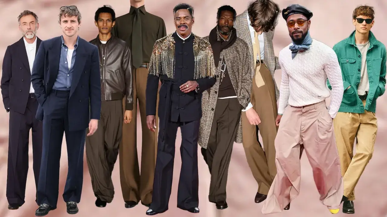 Men's fashion showcase: see what slacks look like in various styles, from tailored navy to wide-leg beige and flared dark blue.
