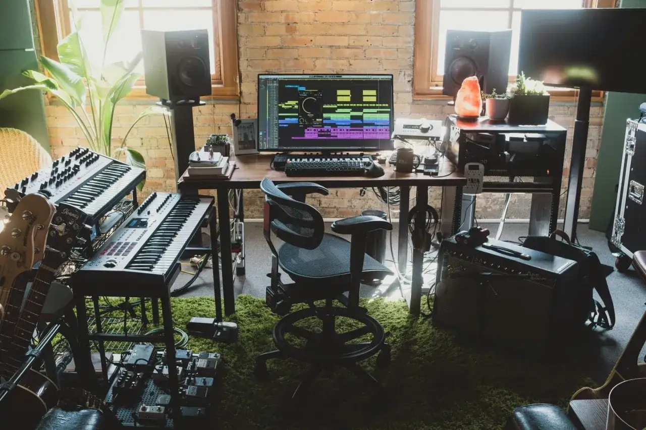 Studio de musique avec claviers, guitares, amplis et ordinateur affichant une station de travail audio num&eacute;rique. Tout le mat&eacute;riel pour composer musique &eacute;lectronique.