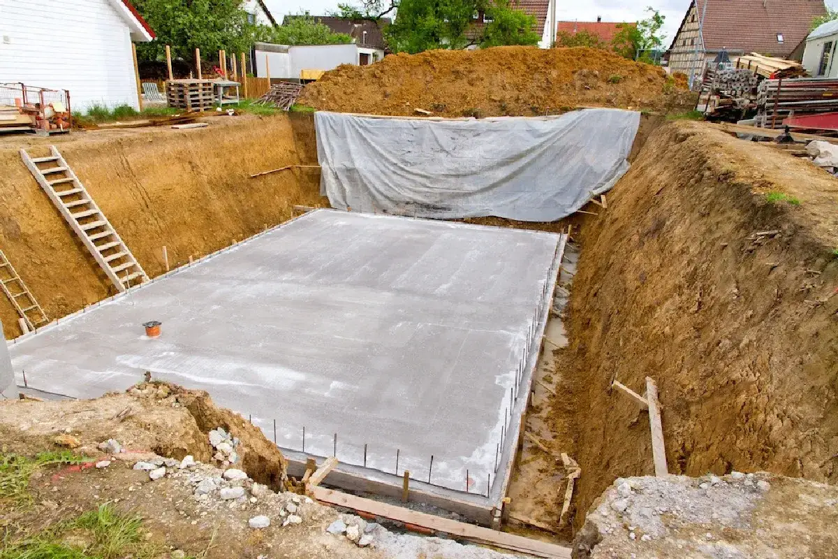 Fondations en béton fraîchement coulées dans une fouille, prêtes pour la suite des travaux. Une bâche protège une partie. L'étude de sol G2 a permis cette étape.