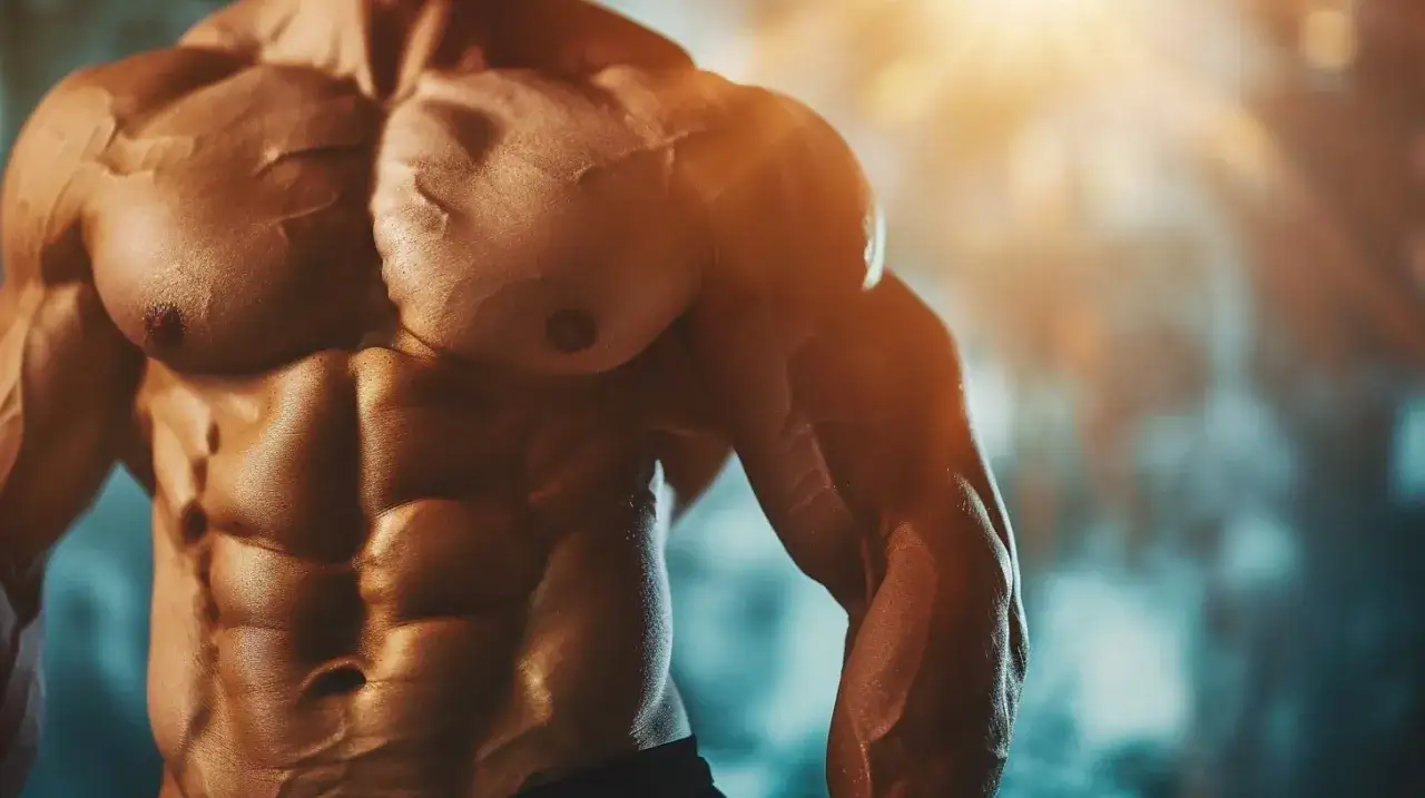 Torso scolpito di un atleta, con addominali definiti e pettorali possenti, frutto di un duro allenamento per massa e definizione.