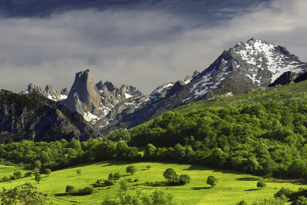 Majestuosas montañas nevadas y verdes prados, un paisaje que evoca curiosidades de los Picos de Europa.