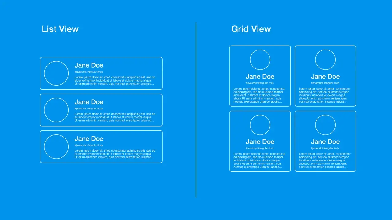 Vue liste et grille avec des cartes 