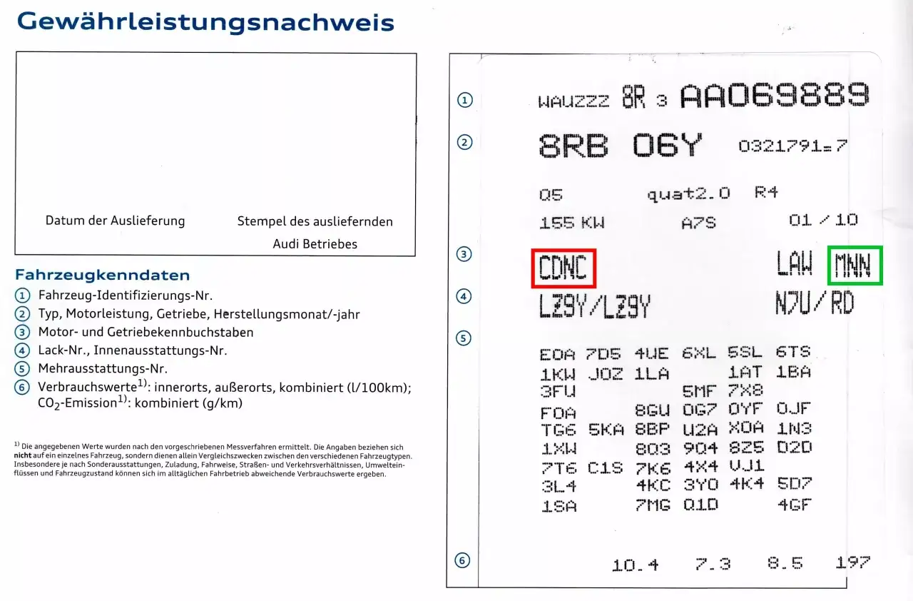 Fahrzeugschein mit Fahrgestellnummer AA069889 und dem Getriebecode CDNC.