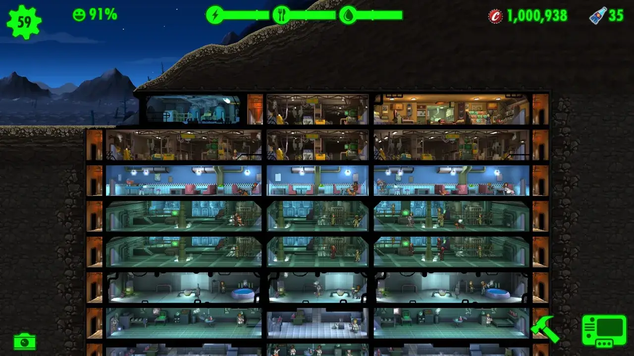Refugio subterráneo con varios niveles, mostrando habitaciones, habitantes y recursos. ¡Descubre los fallout shelter trucos para prosperar!