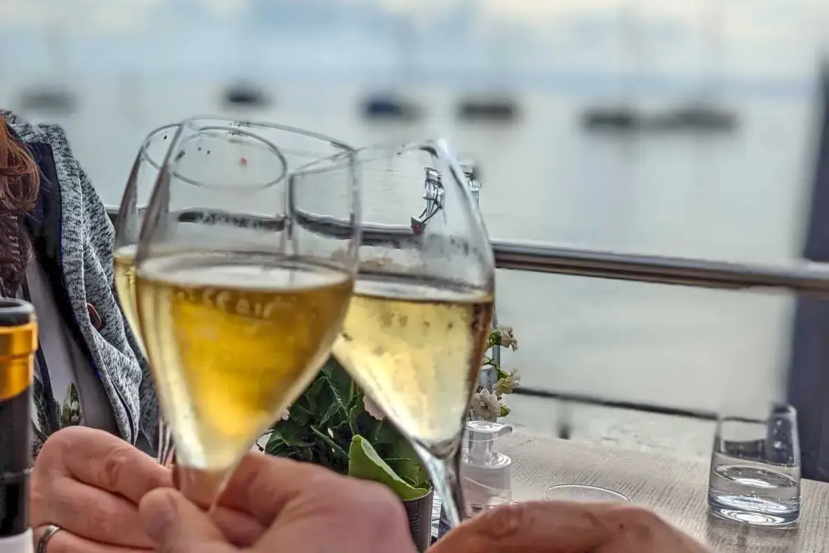 Zwei Gläser Sekt stoßen an, im Hintergrund der Bodensee und Boote. Ein schöner Moment, vielleicht nach einem Besuch beim Winzerverein Hagnau.