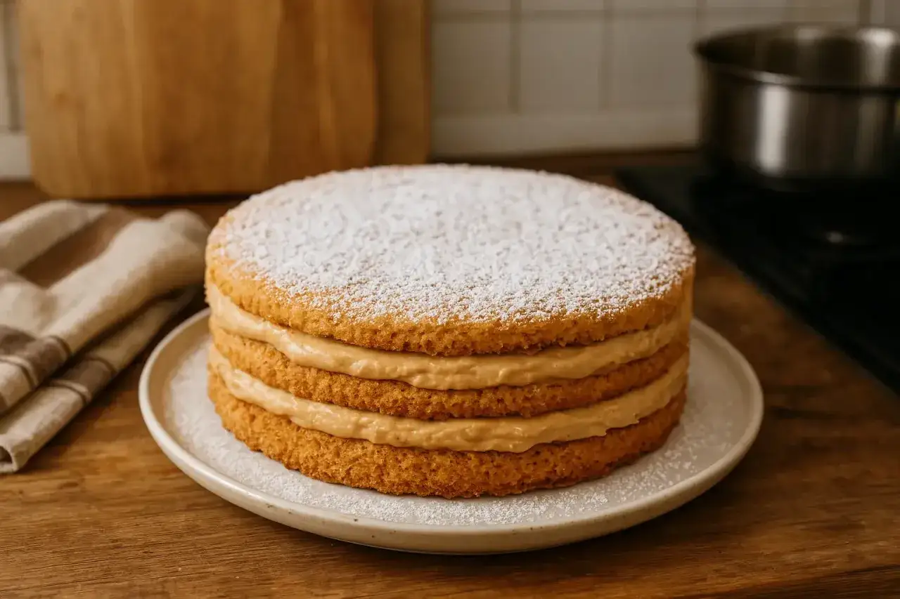 Un gâteau russe traditionnel, à la crème onctueuse et saupoudré de sucre glace, prêt à être dégusté.