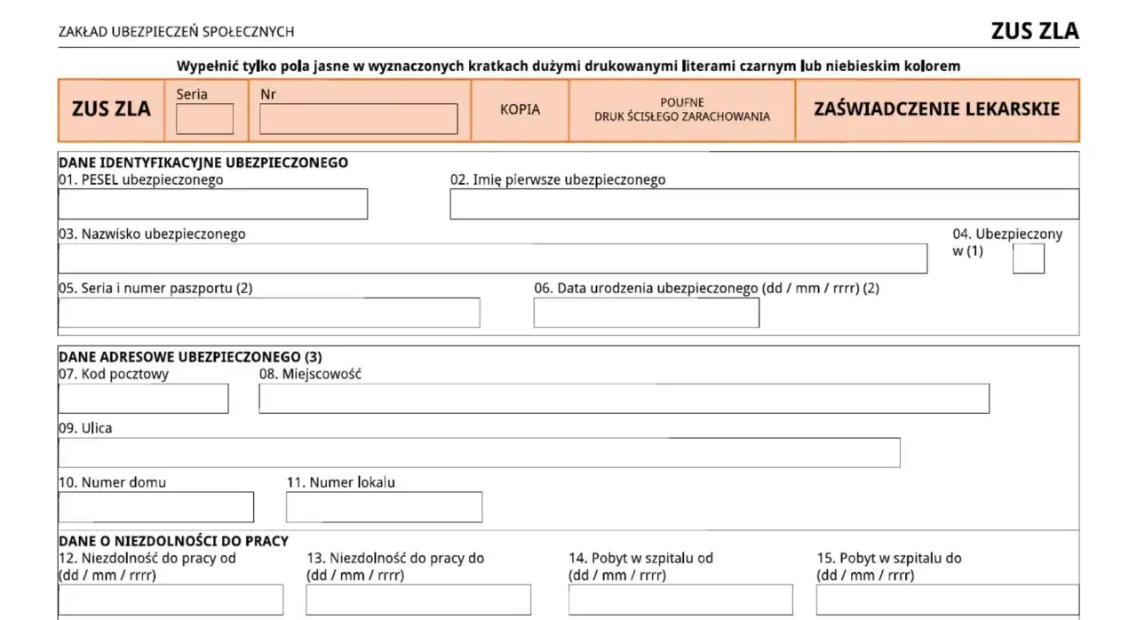 Formularz ZUS ZLA, zaświadczenie lekarskie. Wypełniane dane identyfikacyjne, adresowe i o niezdolności do pracy.