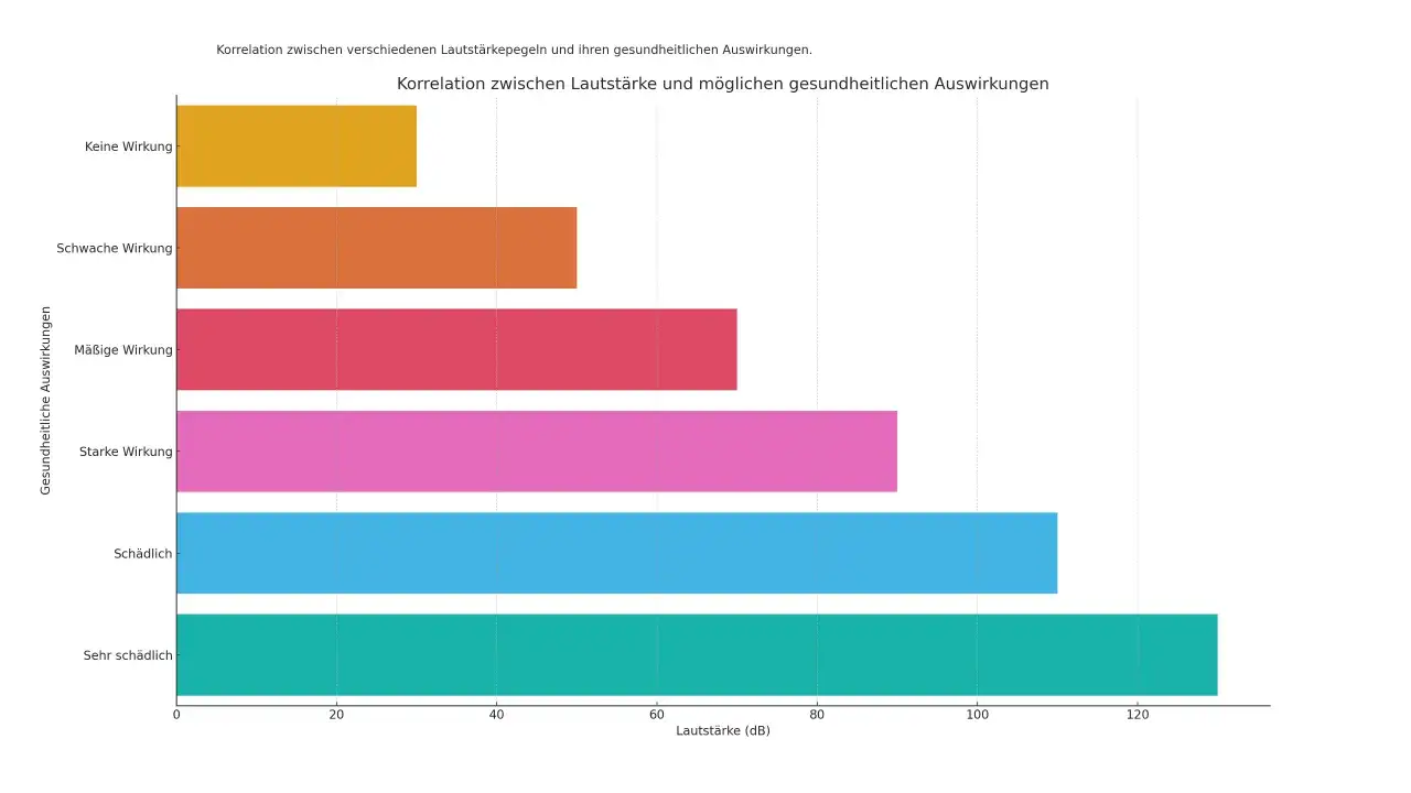 Balkendiagramm zeigt die Korrelation von Lautst&auml;rkepegeln mit gesundheitlichen Auswirkungen. Je lauter, desto st&auml;rker die gesundheitliche Auswirkung, mit einer deutlichen Gewichtung auf 