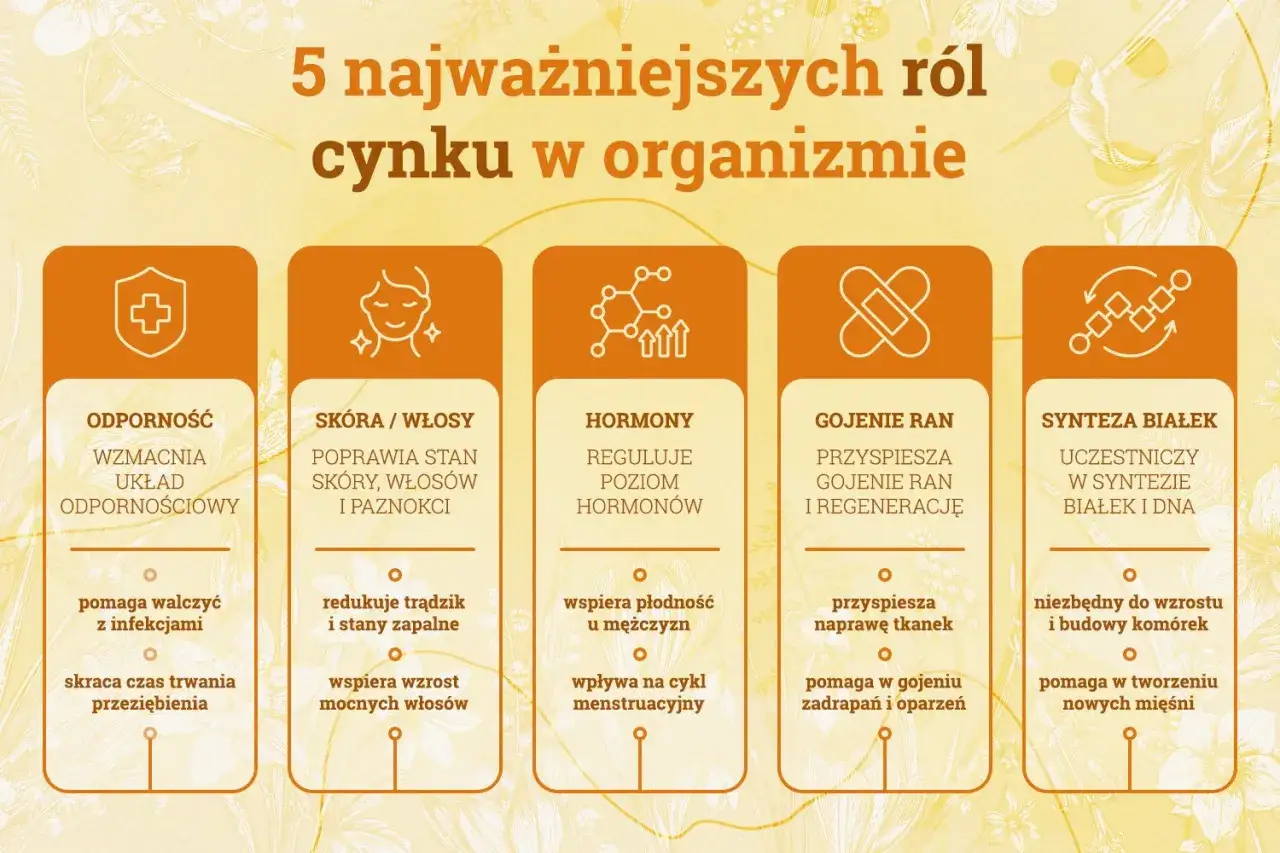 Cynk na co pomaga? Wzmacnia odporność, poprawia skórę i włosy, reguluje hormony, przyspiesza gojenie ran i uczestniczy w syntezie białek.