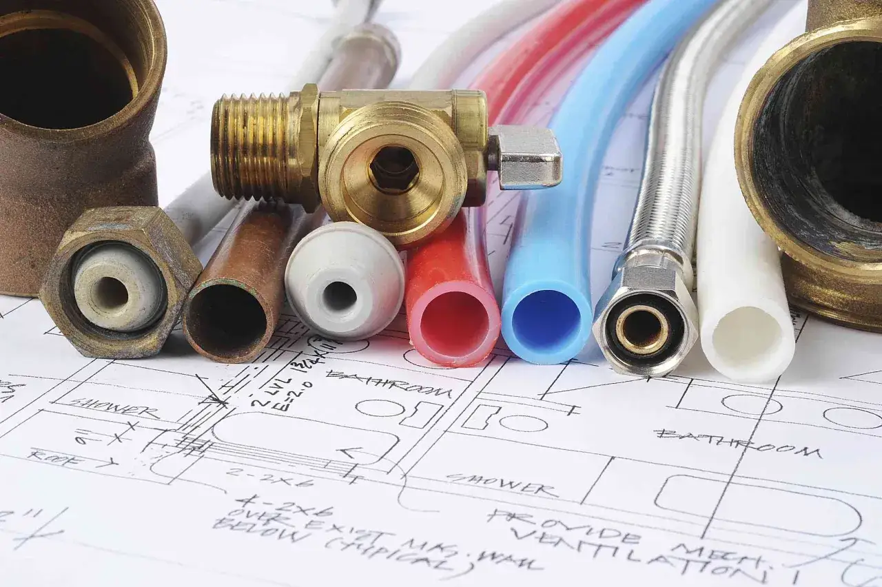 Materiały hydrauliczne i rysunki techniczne, pokazujące jak łączyć rury plastikowe do wody.