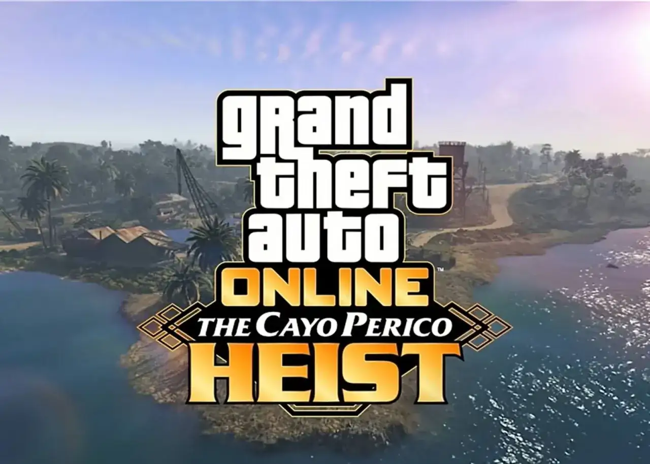 Logo Grand Theft Auto Online: The Cayo Perico Heist na tle tropikalnej wyspy.