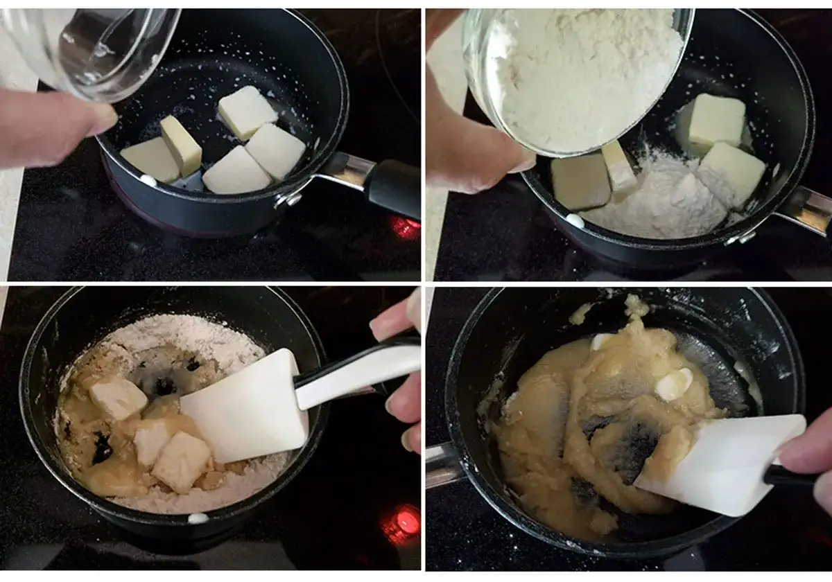 Preparazione della besciamella ricetta della nonna: burro fuso e farina si uniscono in pentola, poi si mescola per ottenere una crema densa.