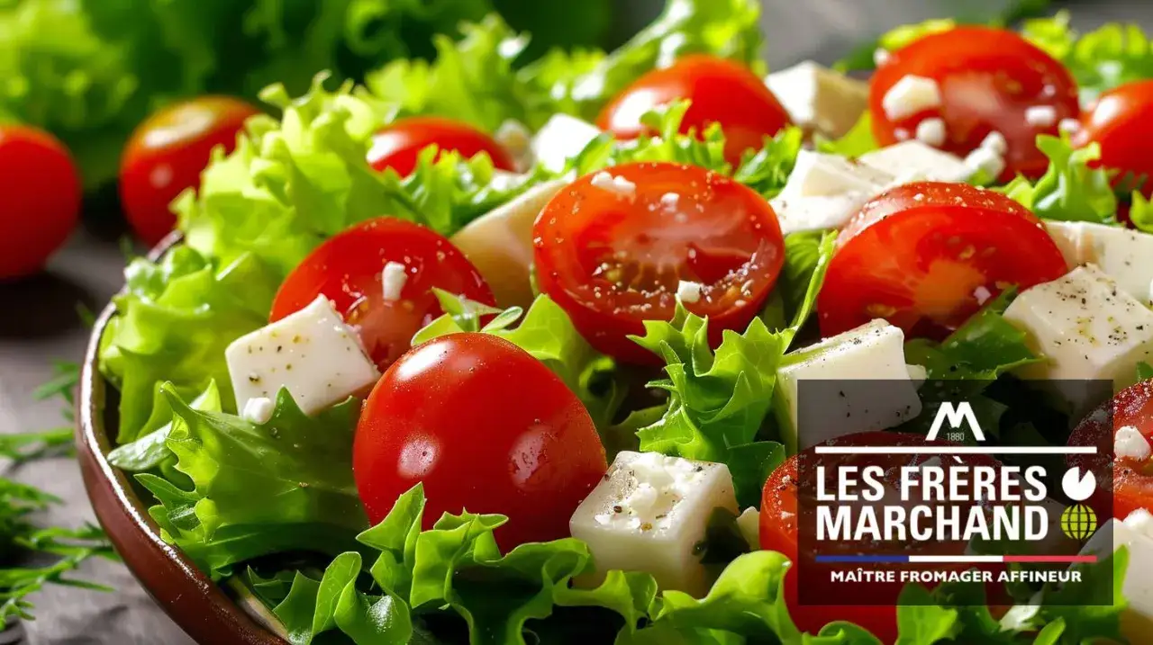 Salade fraîche avec tomates cerises et cubes de fromage pour salade, assaisonnée de poivre.